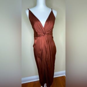 Brown Satin Midi Dress